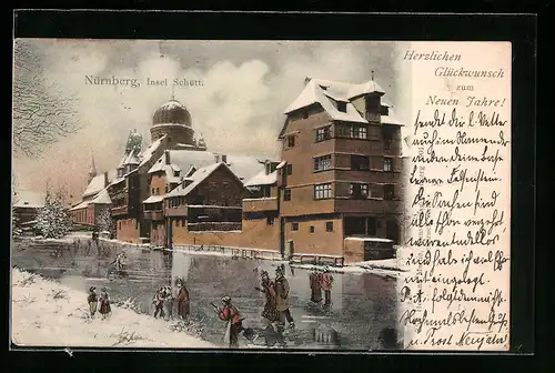 AK Nürnberg, Insel Schütt mit Eisläufern im Winter, Neujahrsgruss