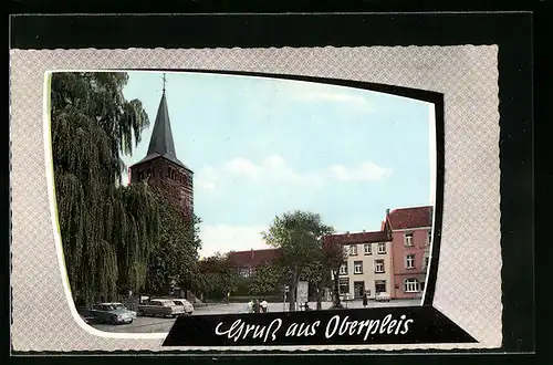 AK Oberpleis, Strassenpartie mit Geschäft und Kirche
