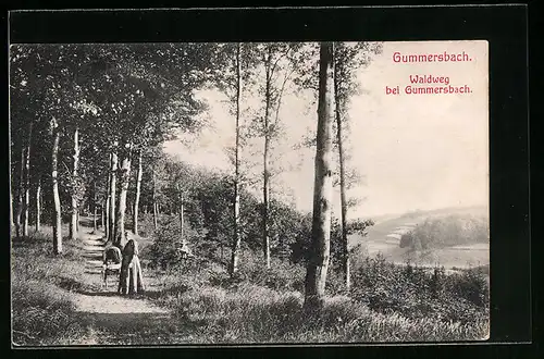 AK Gummersbach, Waldweg und Frau mit Kinderwagen