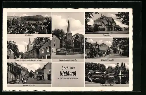 AK Waldbröl im Oberbergischen Land, Evangelische Kirche, Schwimmbad, Bahnhof