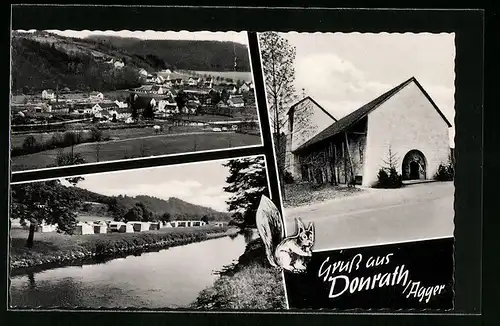 AK Donrath /Agger, Teilansicht, Kirche, Uferpartie mit Campingplatz