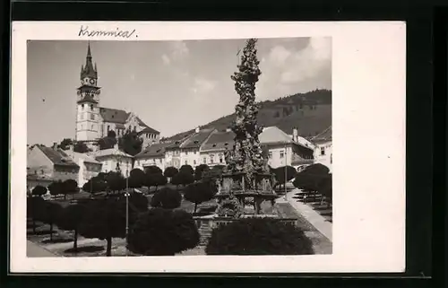 AK Kremnica, Ortspartie mit Denkmal und Kirche