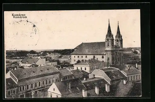 AK Komárom, Teilansicht mit Kirche aus der Vogelschau