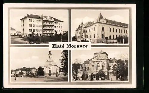 AK Zlaté Moravce, Platz mit Kirche, Gebäudeansichten