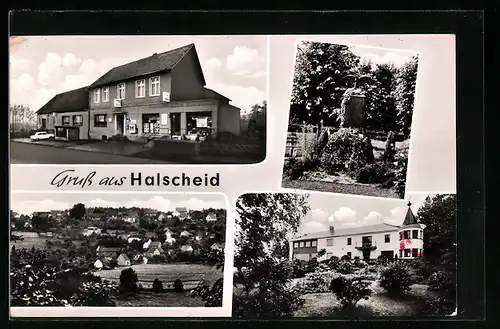 AK Halscheid bei Rosbach /Sieg, Ortsansicht, Denkmal, Gasthaus und Pension Schulte