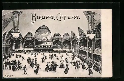Künstler-AK Berlin-Schöneberg, Berliner Eispalast mit Schlittschuhläufern