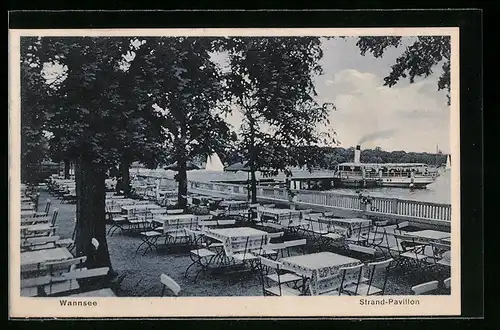 AK Berlin-Wannsee, Gasthaus Strandpavillon, Terrasse mit Dampfer