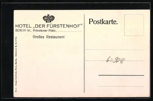 AK Berlin-Tiergarten, Hotel Der Fürstenhof, Restaurant