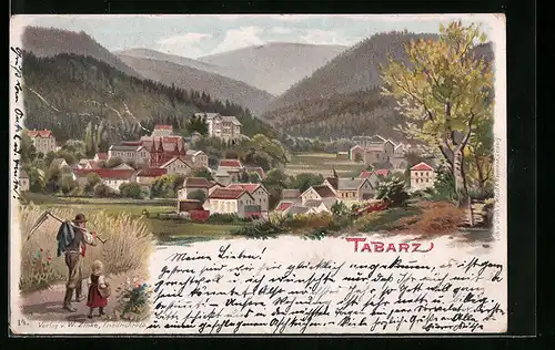 Lithographie Tabarz, Ortsansicht mit heimkehrendem Bauer und Kind