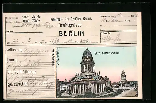 AK Berlin, Gendarmenmarkt, Telegramm-Formular