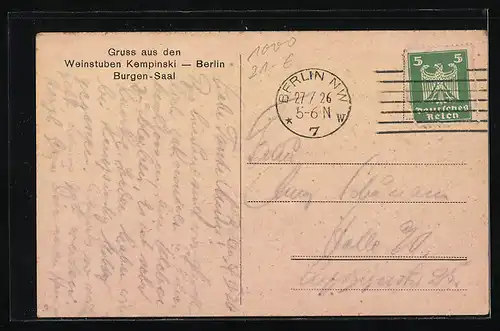 AK Berlin, Gasthaus Weinstuben Kempinski, Burgen-Saal