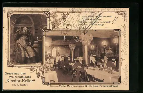 AK Berlin, Weinrestaurant Klosterkeller in der Mohrenstrasse 17-18, Innenansicht, Mönch im Weinkeller