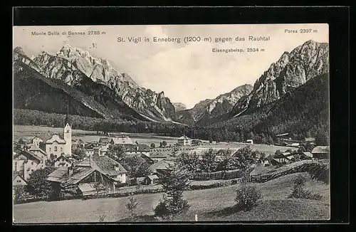 AK St. Vigil in Enneberg, Blick gegen das Rauhtal, Monte Sella di Sennes, Pares
