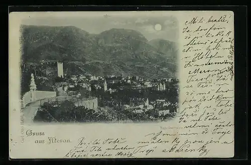 Mondschein-AK Meran, Ortsansicht mit Bergen