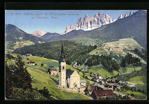 AK St. Peter, Ortspartie mit Kirche gegen die Geislerspitzen im Villnöstal