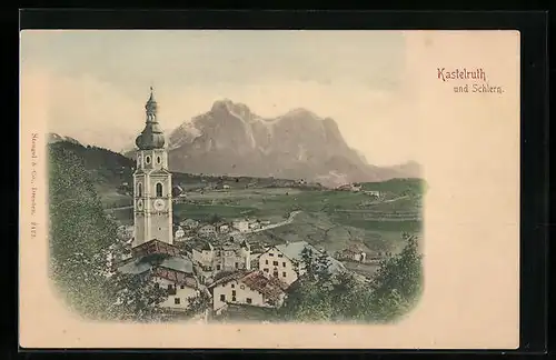 AK Kastelruth, Teilansicht mit Kirche und Schlern
