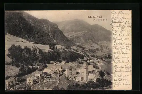 AK St. Ulrich, Ortspartie mit Kirche gegen Puflatsch