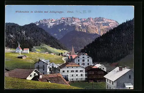 AK Wolkenstein in Gröden, Ortspartie mit Sellagruppe