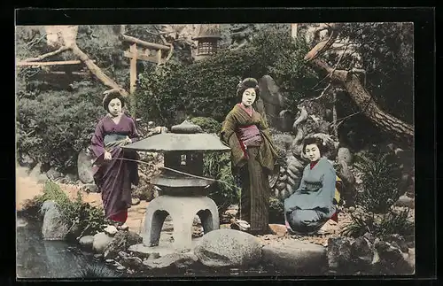 AK Drei Japanerinnen im Kimono beim Angeln