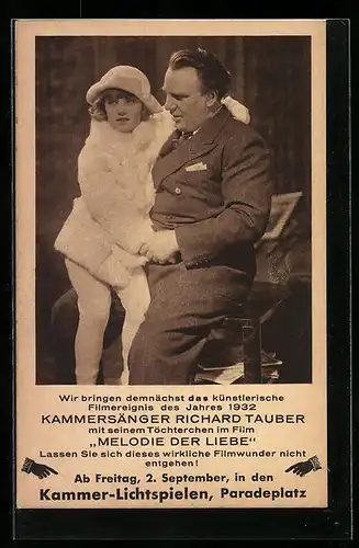 AK Opernsänger Richard Tauber mit seinem Töchterchen im Film Melodie der Liebe