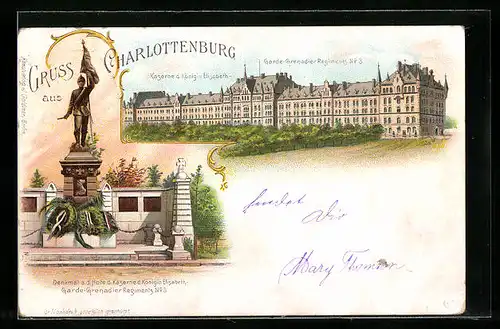 Lithographie Berlin-Charlottenburg, Kaserne d. Königin Elisabeth-Garde-Grenadier Regiments No. 3
