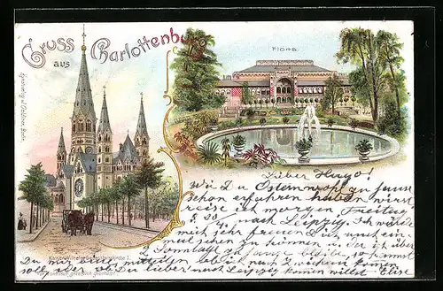 Lithographie Berlin-Charlottenburg, Gasthaus Flora, Kaiser Wilhelm-Gedächtniskirche