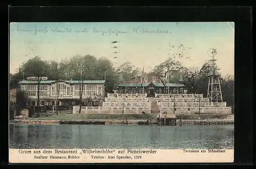 AK Berlin-Spandau, Restaurant Wilhelmshöhe auf Pichelswerder, Terrassen am Stössensee