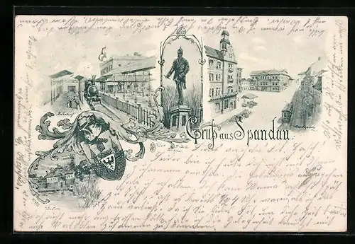 Lithographie Berlin-Spandau, Strassenpartie, Zug, Wappen