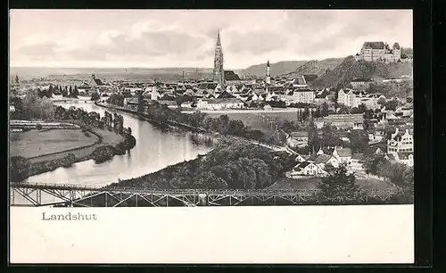 AK Landshut, Ortsansicht mit Kirche, Flusspartie mit Brücke
