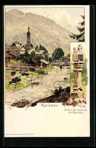 Künstler-AK Otto Strützel: Ramsau, Alter Bildstock am Flussufer