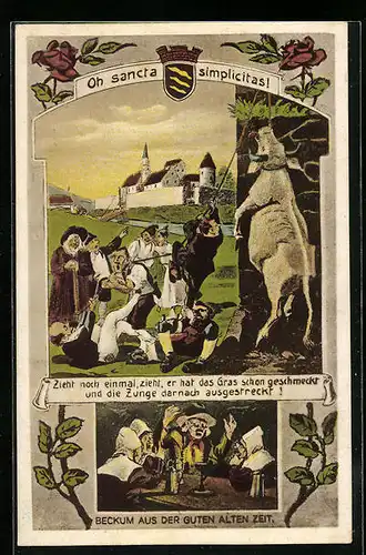 AK Beckum, Oh Sancta Simplicitas, Menschen in Volkstrachten vor der Stadt, Wappen