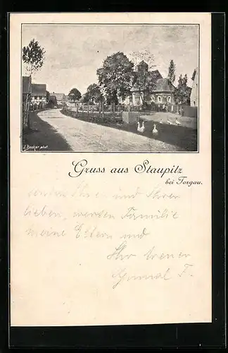 Künstler-AK Staupitz, auf der Strasse durch den Ort