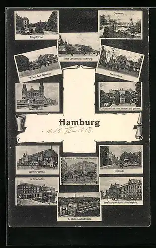 AK Hamburg, Ringstrasse, St. Pauli Fährhaus, Steinstrasse, Strafjustizgebäude, Alsterarkaden