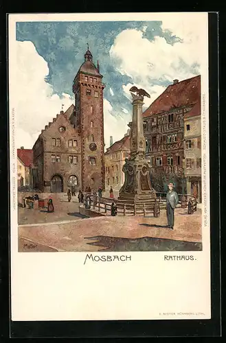 Künstler-AK Karl Mutter: Mosbach, Passanten am Ehrenmal vor dem Rathaus