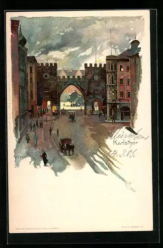 Künstler-AK Heinrich Kley: München, Kutschen vor dem Karlsthor