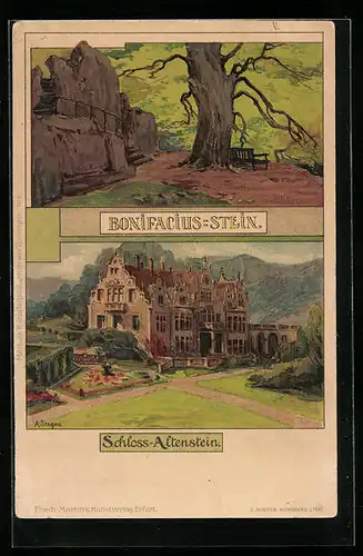 Künstler-AK Albert Stagura: Bad Liebenstein, Schloss Altentsein, der Bonifacius-Stein