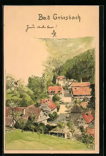 Künstler-AK Bad Griesbach, Ortstotale