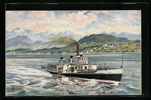 Künstler-AK Diessen, Dampfer Giesela auf dem Ammersee & Blick auf den Ort