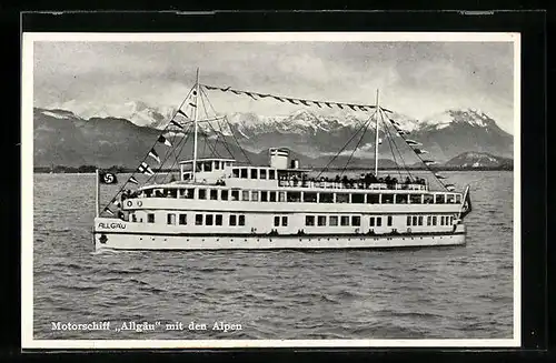 AK Bodensee, Motorschiff Allgäu in Flaggengala mit den Alpen
