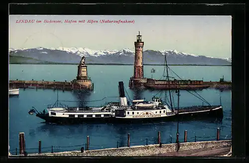 AK Lindau i. B., Hafen mit Alpen und Dampfer Koenigin Charlotte