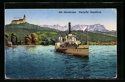 AK Ammersee, Der Dampfer Augsburg mit dem Kloster Andechs