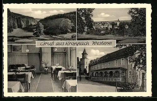 AK Kroppach /Westerw, Ortsansicht, Gasthof-Pension-Metzgerei Schäfer mit Kirche