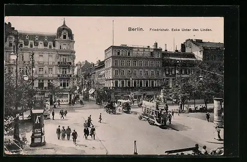 AK Berlin, Hotel Bauer Friedrichstrasse Ecke Unter den Linden mit Bus