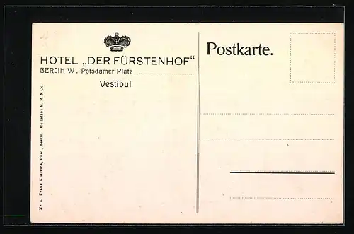 AK Berlin, Hotel Der Fürstenhof, Vestibul, Potsdamer Platz