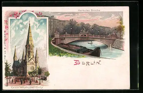 Lithographie Berlin, Herkules-Brücke und Kaiser Wilhelm Gedächtnis Kirche