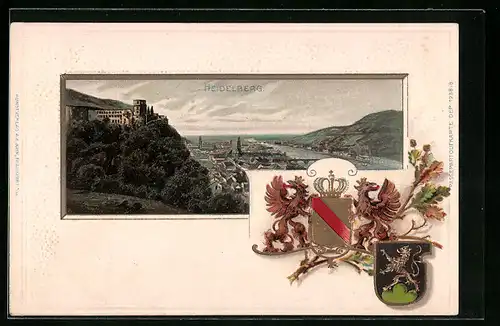 Passepartout-Lithographie Heidelberg, Ortspartie und Wappen