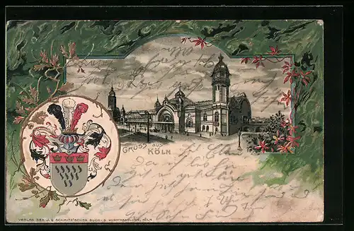 Passepartout-Lithographie Köln, Bahnhof und Wappen