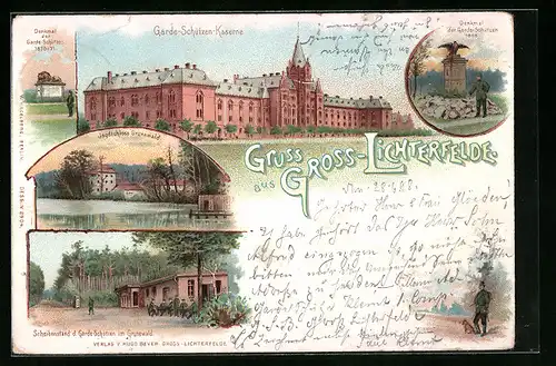 Lithographie Gross-Lichterfelde, Garde-Schützen-Kaserne, Jagdschloss Grunewald