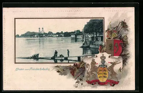 Passepartout-Lithographie Friedrichshafen, Ortsansicht mit Bodensee