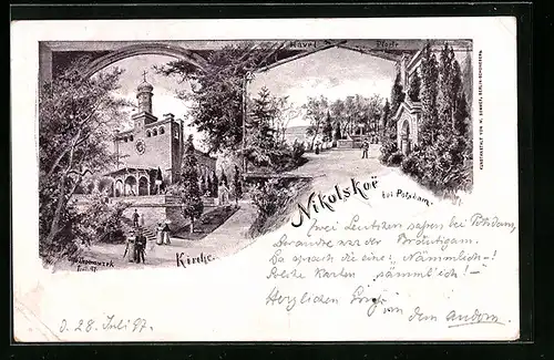 Lithographie Berlin-Nikolskoe, Kirche und Havel-Pforte